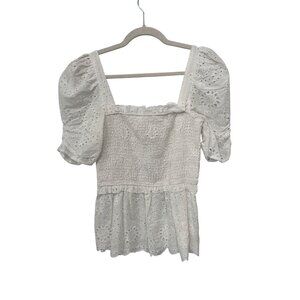 Promesa Peplum Blouse Size Small Eyelet Lace Puff Sleeve Ruffle Square Neck NEW